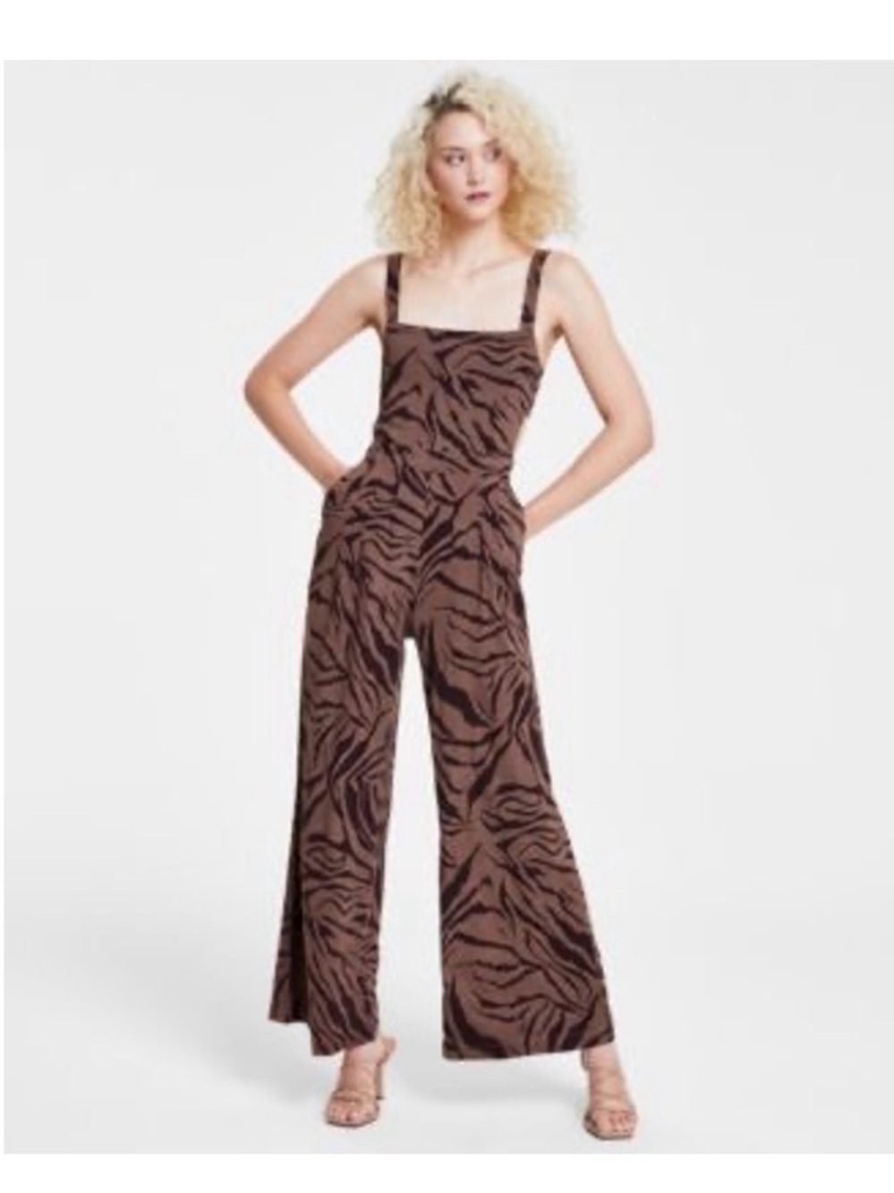 Bar iii Brown Zebra-Print Wide-Leg Jumpsuit